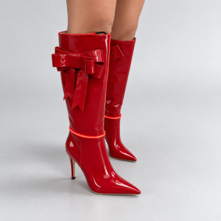 Ruby Glow LED Boots - Burgundy with Gold-Trimmed Bows